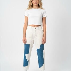 Free People Cream and Blue Straight Leg Jeans